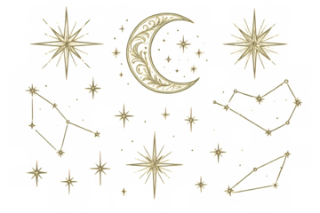 Golden celestial symbols are representing astrology, magic, space, and spirituality, set against a transparent background