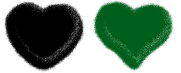 black and green grunge hearts shape png with rough sketch textures, distressed heart pair illustration with bold uneven edges, abstract two color heart icons in grunge style
