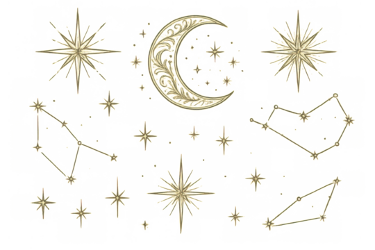 Golden celestial symbols are representing astrology, magic, space, and spirituality, set against a transparent background - Powered by Adobe