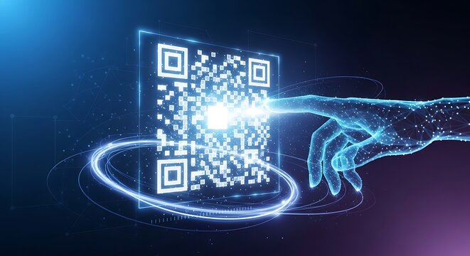 A glowing blue QR code being touched by a digital hand, symbolizing the future of information access and virtual interaction