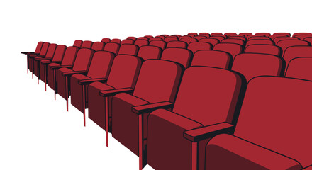 Empty Theater: Rows of vibrant red theater seats fill the frame, creating a sense of anticipation and the promise of a shared experience.