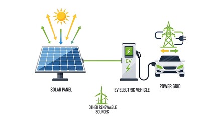 Conceptual illustration of an electric vehicle charging station powered by a solar panel and connected to the power grid for sustainable energy