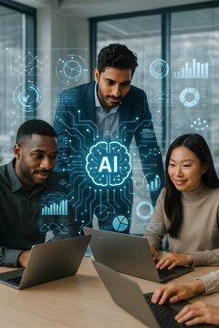 Diverse Business Team Collaborating on AI and Machine Learning Strategy with Digital Brain Hologram