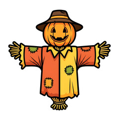 Smiling Pumpkin Head Scarecrow in Autumn Colors – Cute Cartoon Illustration PNG for Thanksgiving and Fall Decor