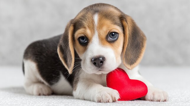 Cute beagle puppy holding red heart plush toy on white background valentines day pet love concept adorable dog portrait for greeting cards posters social media and romantic holiday designs
