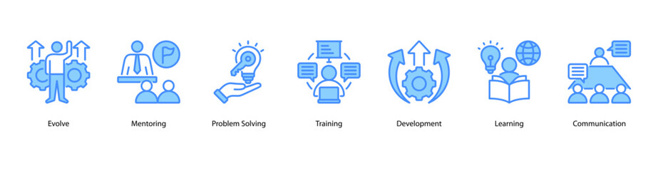 Professional Growth web banner vector illustration featuring Evolve, Mentoring, Problem Solving, Training, Development, Learning, and Communication.