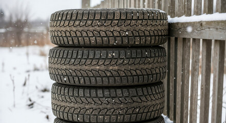 Stack of used winter tires symbolizing seasonal change and maintenance