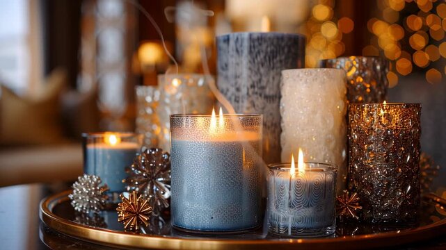 A tray with candles on it. The candles are blue and white. Close-up winter night interior with soft blue shadows and warm candle cluster, refined high-end holiday styling, winter hanukkah home