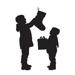 Kids Holding Christmas Gift Silhouette Illustration