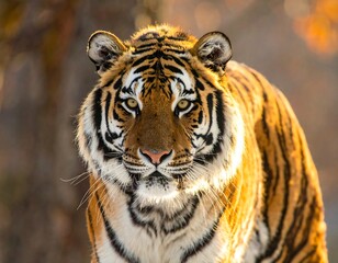 Fototapeta premium Majestic tiger stares directly at camera with sunlight backlighting
