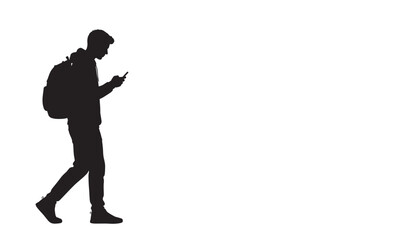 Young Man Walking with Smartphone Modern Technology Silhouette