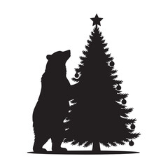 Bear Decorating  Holiday Winter Christmas Tree Silhouette Illustration