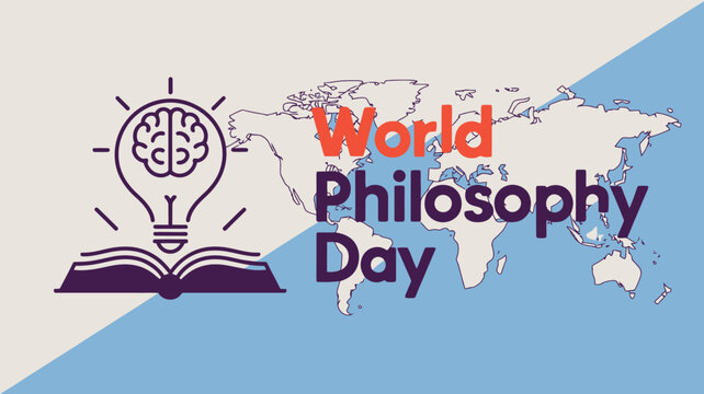 Vector art of world philosophy day celebrated with an open book and a lightbulb brain symbol against a world map background, symbolizing knowledge and global thought