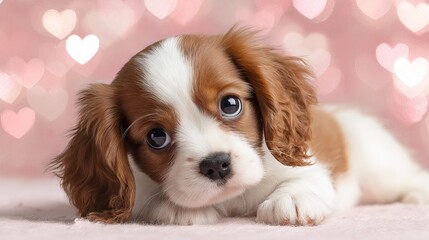 Adorable brown and white Cavalier King Charles Spaniel puppy lying on pink Valentine&rsquo;s Day background cute dog portrait for greeting cards love theme romantic holiday pet photography studio shot