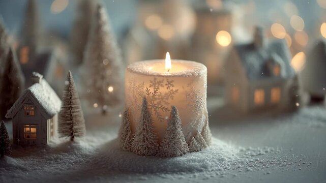 A small candle is lit in a snowy field, surrounded by a few houses and trees. Close-up of winter holiday micro vignette candle scene, soft commercial magazine look, winter hanukkah home