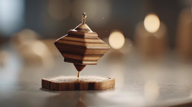 Close-up of wooden dreidel spinning mid motion on smooth table surface, soft cinematic holiday bokeh, elegant commercial editorial, dreidel game