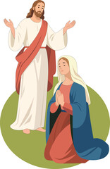 Jesus and Mary Praying Vector Illustration – Christian Faith Concept Art