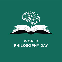 Vector art of world philosophy day celebration with an open book and a brain illustration symbolizing knowledge and wisdom, on a teal background