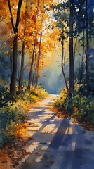 Obraz premium A serene autumn pathway illuminated by sunlight, surrounded by vibrant foliage, creating a peaceful and picturesque scene.