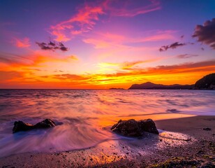 Vivid sunset colors reflecting on ocean waves at beach