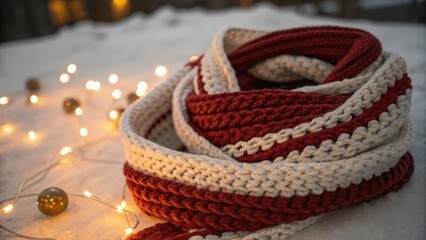 Obraz premium Cozy Knitted Red and White Striped Scarf in Soft Light