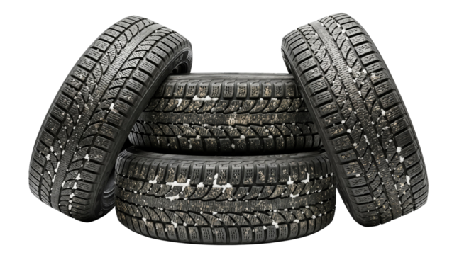 Isolated used winter tires symbolizing seasonal wear and maintenance