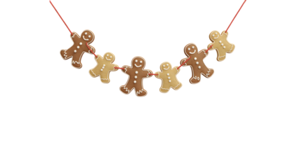 Festive gingerbread men cookies garland, strung on red, Christmas holiday background, cozy winter celebration decor, sweet treat, traditional aesthetic.
