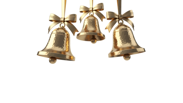 Elegant golden Christmas bells with shiny bows on a black background, perfect holiday decor, festive celebration, winter aesthetic, luxurious seasonal design, greeting cards, invitations, banners.