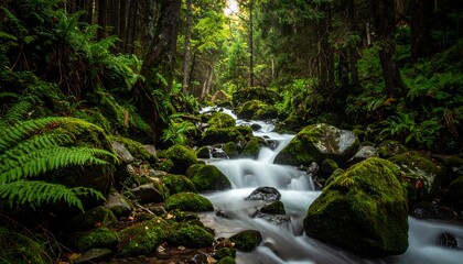 Fototapeta premium A flowing stream tumbles over mossy rocks through a vibrant green forest thick with ferns and tall, dark trees