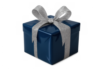 Blue gift box with silver sparkling ribbon for celebration, birthday, holiday, or special occasion surprise