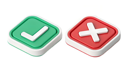Fototapeta premium Two square buttons one green with a white checkmark the other red with a white cross symbolizing choices and decisions