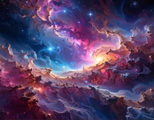 A vibrant, colorful digital painting of a cosmic nebula with swirling clouds and bright, shining stars. The artwork evokes a sense of vastness