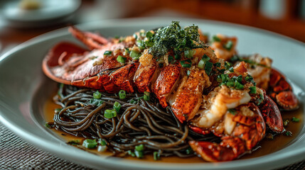 Big piece of lobster on the black spaguetti , food photo.