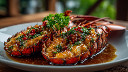 2 piece of lobster menu on the white dish , dinner meal time.