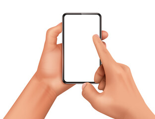 Close-up of hands holding a modern smartphone with a blank white screen and a finger touching the display, against a transparent background.