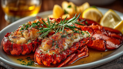 2 big lobster menu on the white dish , food photography.