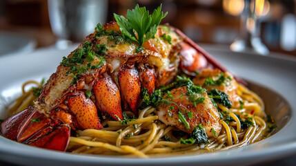 Spaguetti with lobster on the top ,food image.