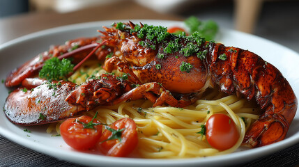 Food close up , spaguetti with lobster on the top.