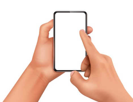 Close-up of hands holding a modern smartphone with a blank white screen and a finger touching the display, against a transparent background.