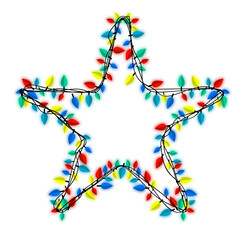 A brightly colored star shape formed by festive Christmas lights on a transparent background.