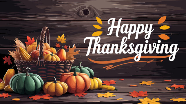 Vector art of happy thanksgiving text with a rustic wooden background, featuring a basket full of pumpkins, corn, and gourds, with scattered autumn leaves