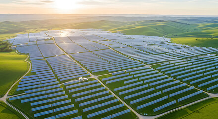 Aerial View of Solar Panel Farm with Green Fields Under the Golden Sunset