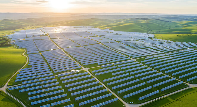 Aerial View of Solar Panel Farm with Green Fields Under the Golden Sunset