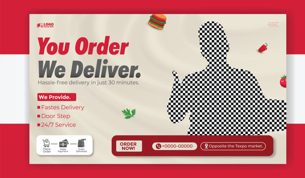 Food delivery service advertisement with man delivering pizza boxes isolated - Powered by Adobe
