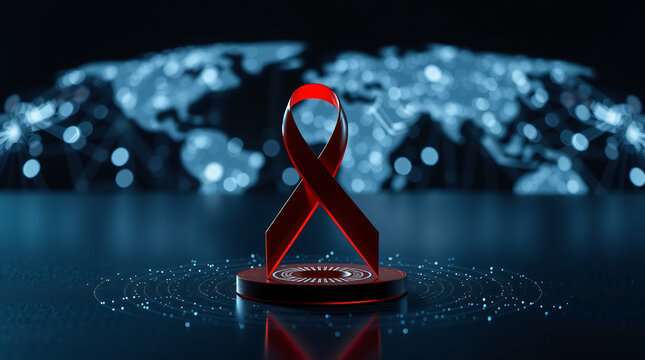 Vibrant Red Ribbon, Symbol of AIDS HIV Awareness, Elevated on a Glowing Digital Pedestal with Network Connections, Set Against a Dark, Globally Connected World Map Background