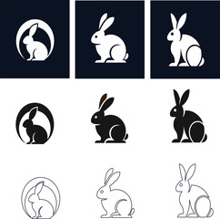 Set of rabbit logo icons in multiple styles, including flat and outline on dark background, perfect for professional logo design.