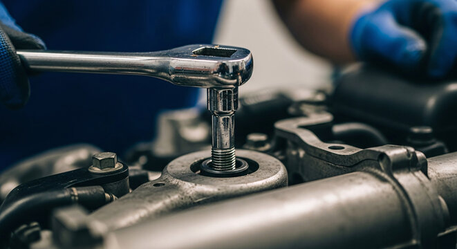 Skilled mechanic uses a ratchet wrench to tighten a bolt on an engine, showcasing precision repair work.