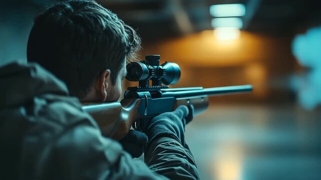 Practicing shooting at an indoor range, a skilled marksman takes aim with a focus on precision. Each shot creates a sense of concentration, showcasing dedication and expertise.