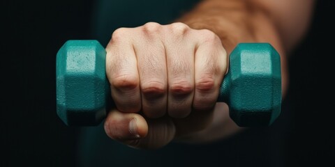 Fitness exercise regimen concept. A hand gripping a teal dumbbell, symbolizing strength and fitness.