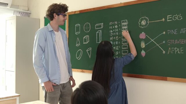 Young asian girl writing math formula at blackboard while standing at classroom. Attractive elemental student studying or learning at math lesson while answer question. Education concept. Pedagogy.